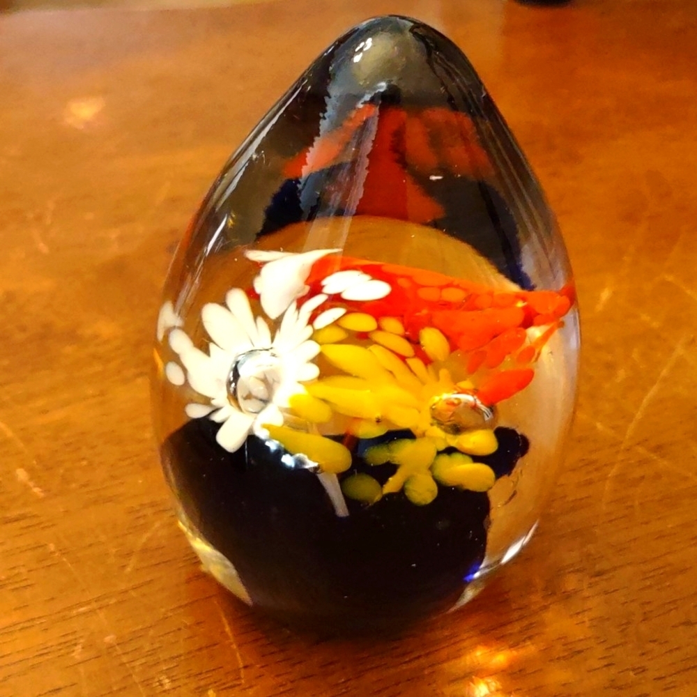 Art Glass Floral Egg Shaped Paperweight